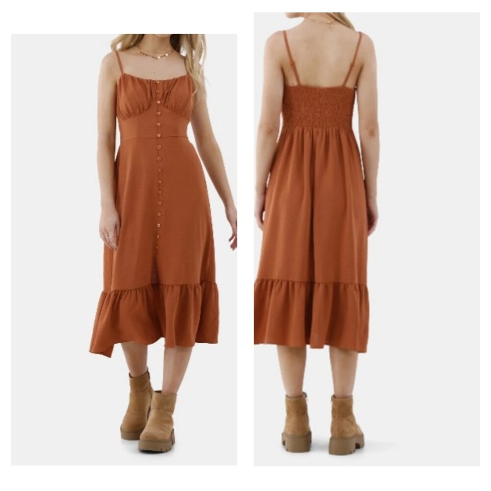 No Boundaries Button Front Flounce Midi Woven Dress Gown(Juniors)